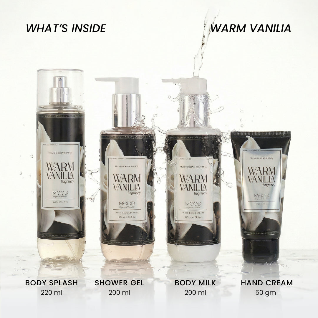 What is inside MOOD Warm Vanilla body care set